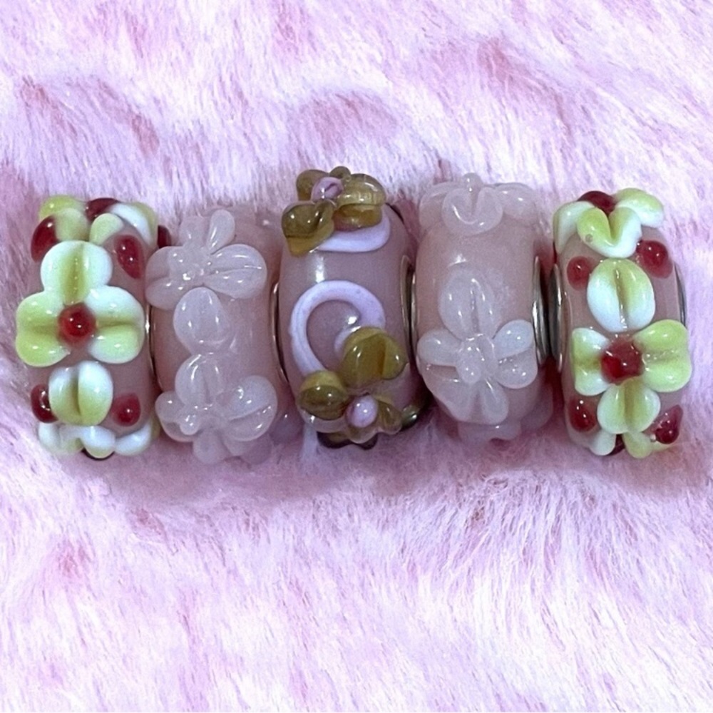 5 Charm 3D Flower Glass Murano 925 Sterling Silver Spacer Charm Bead For Pandora